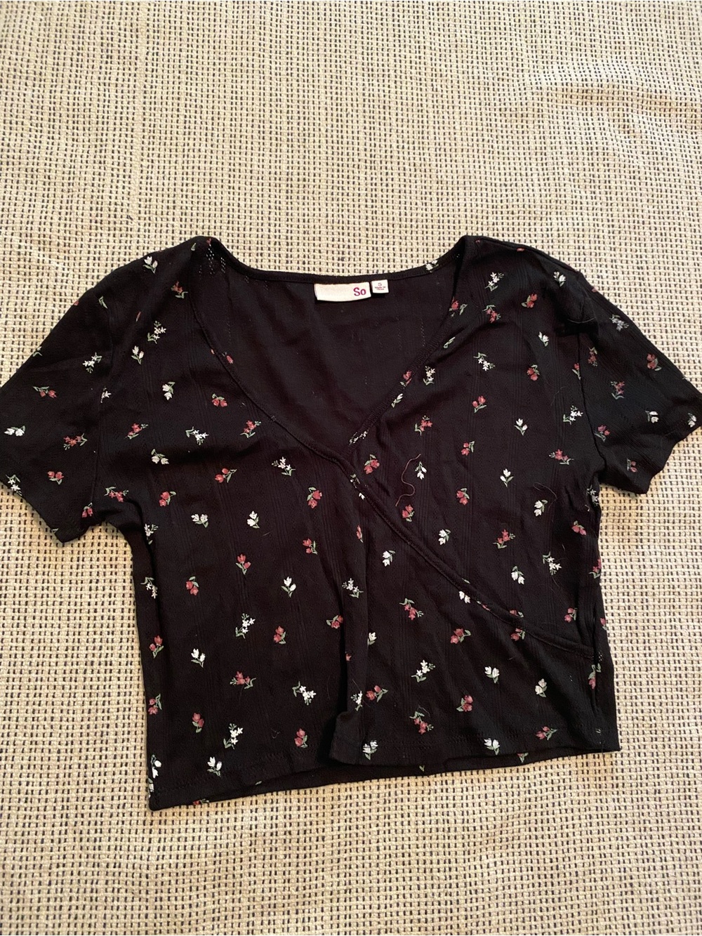 SO Black Floral Wrap Crop Top with Red & White Blossoms